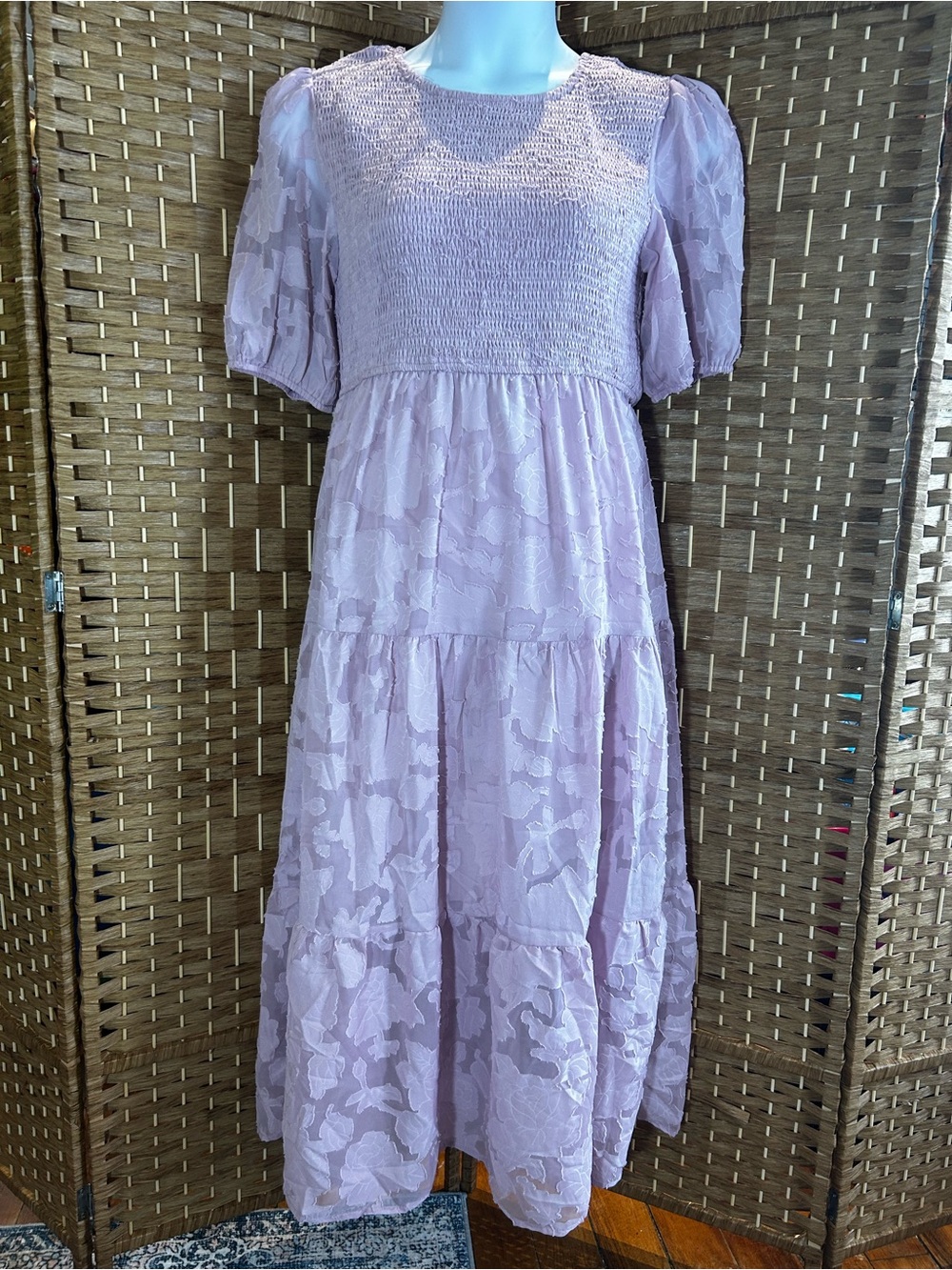 NWT Merokeety Pink Swiss Dot Burnout Maxi Dress Prairie Cottagecore Romantic